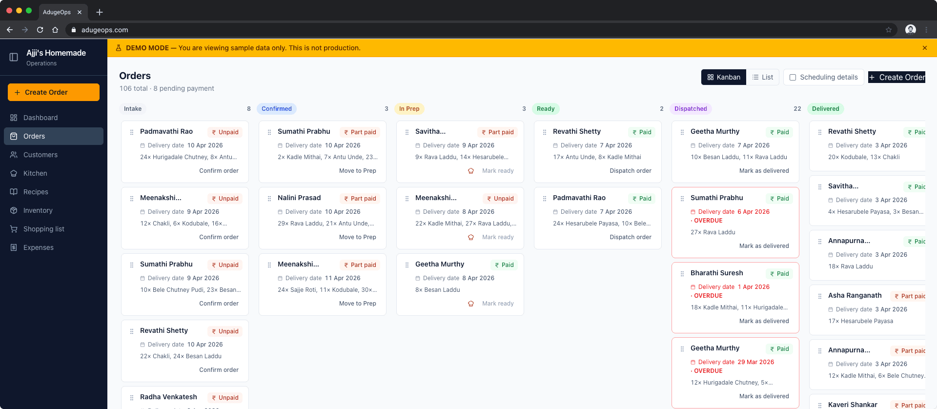 AdugeOps app preview: dashboard with Intake, Prep, Ready, and Delivered columns on a Kanban board